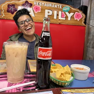 Chips and salsa, complimentary, horchata and Mexican Coke