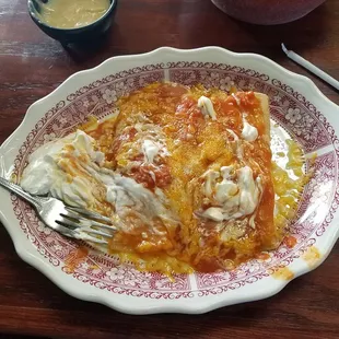 Cheese enchiladas with sour cream. Yum!
