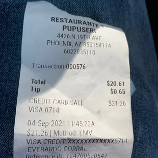 the receipt for the restaurant