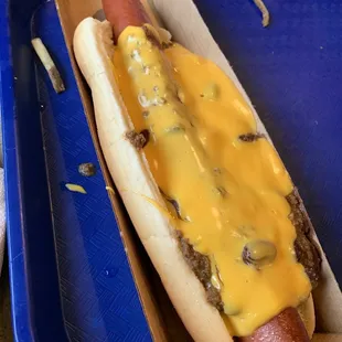 Walt&apos;s Chili on Foot-long Cheese Dog