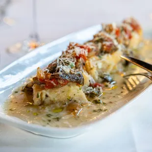 Sweet Pepper Gnocchi, Eggplant Caponata, Parmigiana Broth