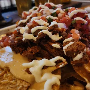 Nachos with vegetarian meet crumbles