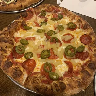 Hawaiian with pepperoni and jalapeños