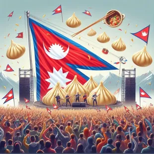 a crowd of people in front of a large flag