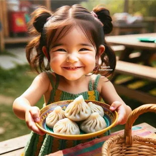 a little girl holding a plate of dumplings