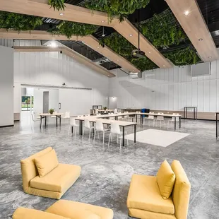 a large open space with yellow couches and tables