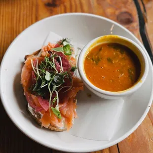 Spinach Lentil Soup and Salmon Toast