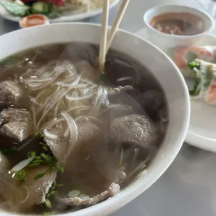 Steak and Meetball Pho. Spring rolls.