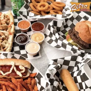 a variety of burgers and fries
