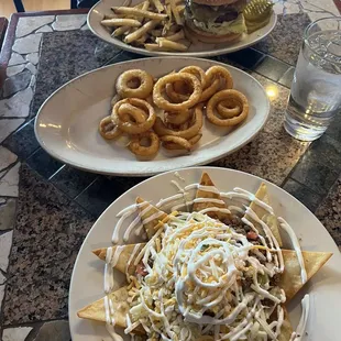 Beef taco salad, onion rings, build your own burger