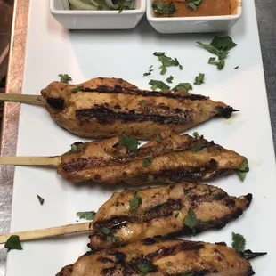 Thai Chicken satay with peanut sauce and quick cucumber pickle