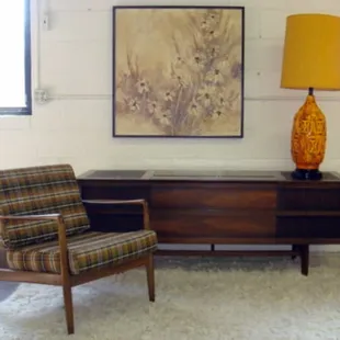 Danish modern Dux chair, a great selection of console stereos, more great lamps and art.