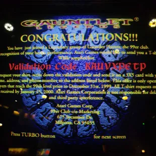 The Champion screen on Gauntlet Legends game by Atari, from 1999.