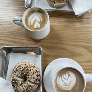 Mocha, caramel latte, and an everything bagel