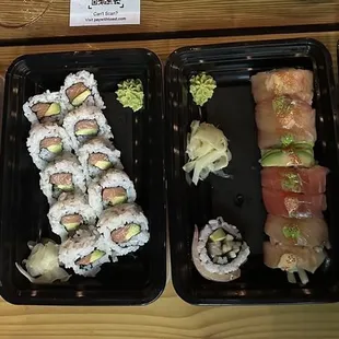 From left to right: Hawaiian roll, salmon avocado roll, ultimate roll, spicy tuna roll