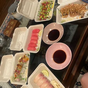 From Left to Right:  YELLOW TAIL NIGIRI (6), ULTIMATE ROLL, TUNA NIGIRI (6), HAWAIIAN ROLL, CRUNCHY ROLL