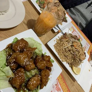 Pad Thai - Reuan Thai's Special combo, fried rice house special combo, Thai Iced Tea and Sesame Chicken pictured.