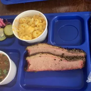 Blue plate- Brisket, Borracho Beans, Mac &amp; Cheese