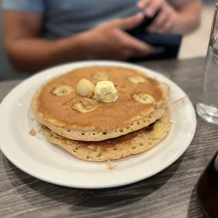 Elvis Pancakes - bananas cooked right in the pancake, small amount of peanut butter chips