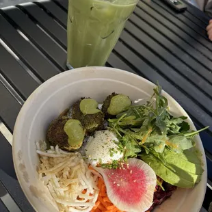 Falafel Bowl and Iced Matcha