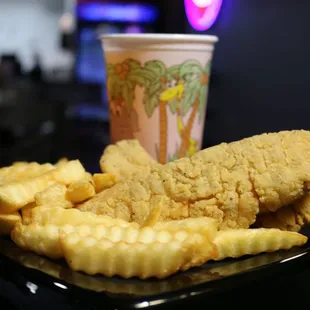 fried chicken strips and a cup of coffee