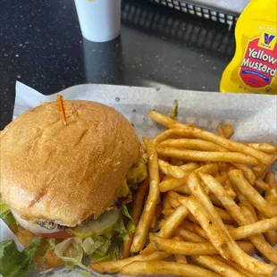 Cheese burger with beer battered fries