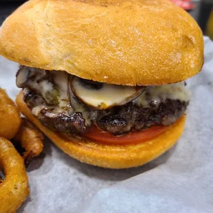 Double Green Chilie Mushroom Swiss Burger