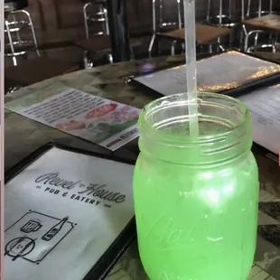 a drink in a mason jar