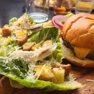 Burger with side little gem Caesar