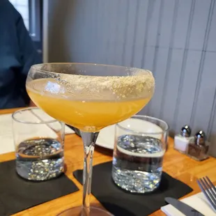 The side-kick: Jim Beam, Amaro Nonino, Salerno blood orange   liquor, lemon juice, pop rock sugar rim