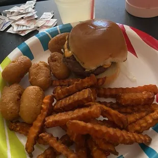 Slider, mini corn dogs and sweet potato fries