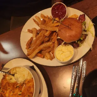 Burger and fries and scalloped potatoes