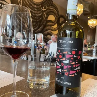 a bottle of wine and a glass of wine