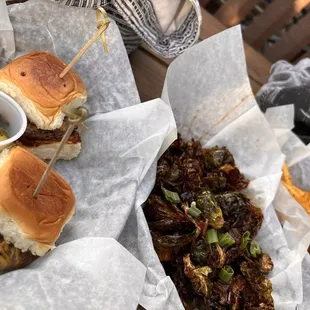 Sliders, Fried Brussels Sprouts, French Fries