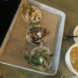Shrimp taco, short rib taco, carnitas taco