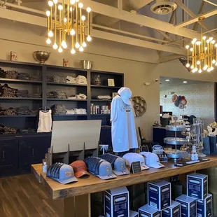 a display of hats and other items