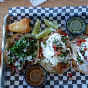 Carnitas , fish and shrimp taco&apos;s.  Taco Tuesday  Buy 2 tacos get fish taco free.