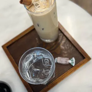 a glass of iced coffee on a tray