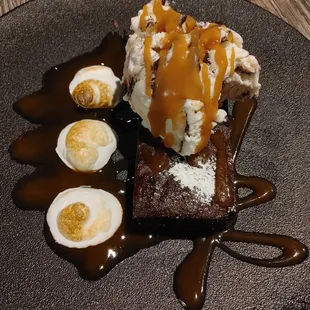 Brownie Moose Tracks Ice Cream with Carmel chocolate sauce and toasted marshmallow fluff.