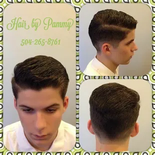 Side part slight pomp taper fade by Pammy.  IG: @hairbypammynola