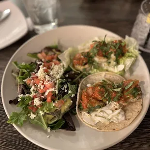 Lime cilantro shrimp tacos (one is on a lettuce cup instead of tortilla)