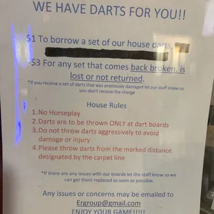 Dart rates &amp; rules - you can bring your own darts