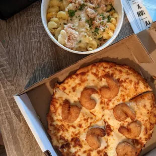 Buffalo shrimp pizza and lobster mac and cheese