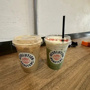 Butterscotch latte and matcha mint latte (seasonal item)