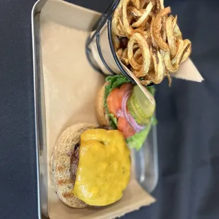 Brisket smash burger and house made curly fry