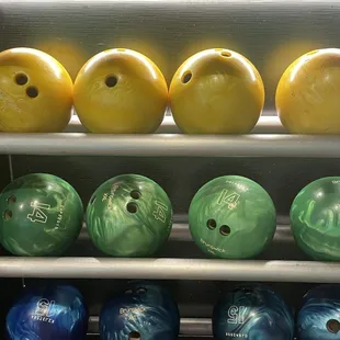 a row of bowling balls