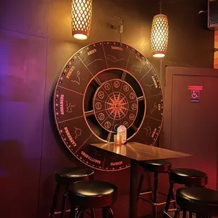 a dart board and stools