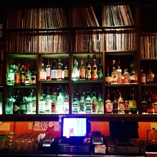 The bar. Mix of liquor and wonderful vinyls.