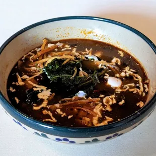 4/9/22 Sopa Azteca - Caldo de Pollo, Chiles, Spices, Epazote, Crema, Queso Fresco