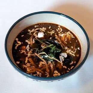 4/9/22 Sopa Azteca - Caldo de Pollo, Chiles, Spices, Epazote, Crema, Queso Fresco